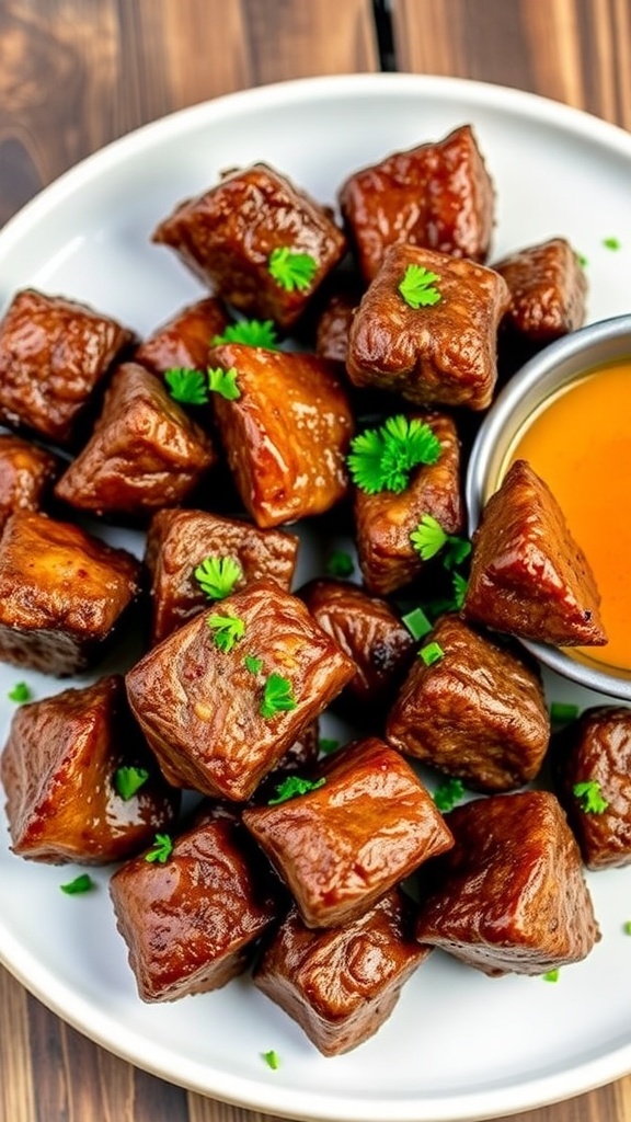 Juicy air fryer steak bites garnished with parsley on a rustic plate.